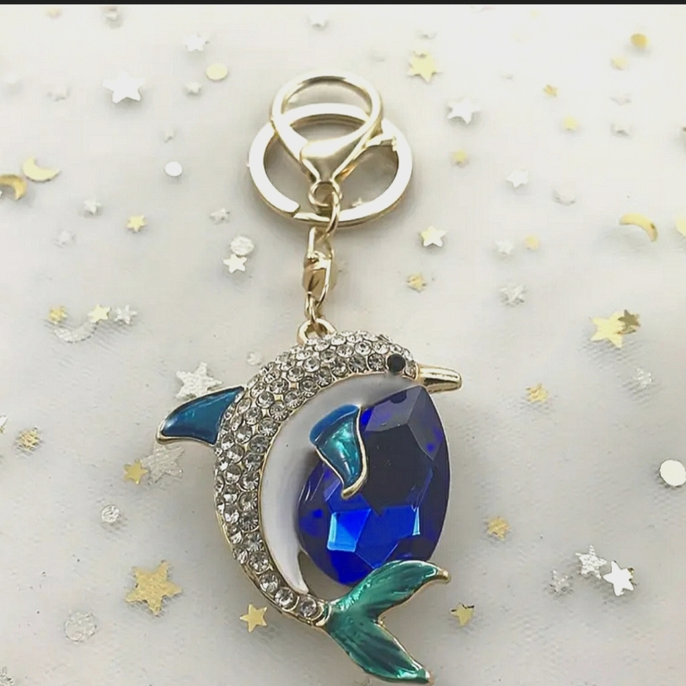 Rhinestone Dolphin w/Royal Blue Crystal Keychain/Purse Charm, NWT